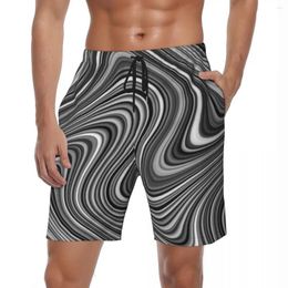 Men's Shorts Black White Silver Grey Line Gym Summer Modern Geometric Sports Surf Beach Male Fast Dry Fashion DIY Trunks