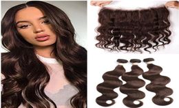 Medium Brown Indian Virgin Human Hair 3 Bundles with Frontal Body Wave 4 Chocolate Brown Weave Bundles with 13x4 Lace Frontal Clo6264983