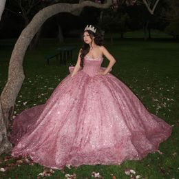 Pink Shiny Off The Shoulder Ball Gown Quinceanera Dresses Sweetheart Sequined Beads Crystal Lace Tull Corset Vestidos De 15 Anos