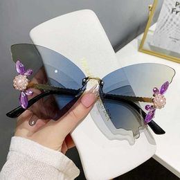 Designer Luxury Butterfly Rimless Sunglasses Woman Brand Design Diamond Pearl Sun Glasses Gradient Shades For Female Oculos De Sol Uv400 6ZYK