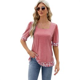 2024 Newest Women T-shirts Leopard Printed Square Neck Shirts Fashion Lalf Sleeve Splicing Tops Casual Tees