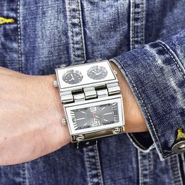 Men Dual Display Sports Watches Oulm Watch Fold Big Size Fashion Outdoor Clock Leather Quartz Relogio Masculino 240311