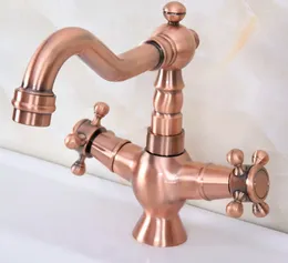 Bathroom Sink Faucets Antique Red Copper Dual Cross Handles Basin Faucet Mixer Tap Swivel Spout Deck Mounted Tnf615