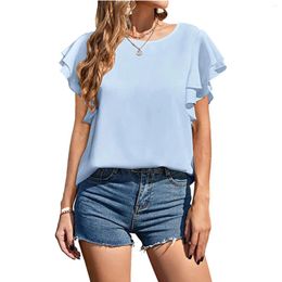 Women's Blouses Women Casual Round Neck Tops Shirt Chiffon Top Double Ruffle Short Sleeve Back Button Elegant Blouse