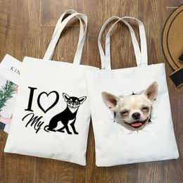 Shopping Bags Chihuahua Dog Cute Graphic Hipster Cartoon Print Girls Fashion Casual Pacakge Hand Bag