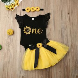 Pudcoco 3PCS Kids Baby Girl 1st Birthday Outfits Floral Romper Cake Smash Tutu Dress Set Fashion 240313