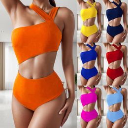 Women's Swimwear 2024 Summer Fashion Bikini High Waist One Piece Swimsuit Belly Cut Out Solid Sexy Bathing Suits Beach Wear