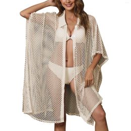 Women'S Beachwear Casual Vacation Cover Ups Mesh Hollow Solid Colour Shirt Collar Single-Breasted Slit Dress Cover-Ups