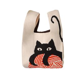 Handbag Women's Knitted Wool Bucket Japanese and Korean Style Hand Carrying Casual Tote Lunch Box Cat Bag