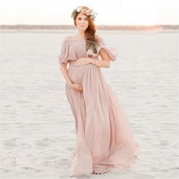 Pink Ruffles Maternity Dresses For Po Shoot Bohemian Chiffon Pregnant Women Pography Props Maxi Dress Premama Clothes 240309