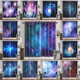 Curtains Purple Galaxy Window Curtains Space Planet Eyelet Blackout Curtain Universe Stars Drapes for Bedroom Starry Forest Cortinas 2pcs