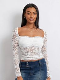 Women's T Shirts Women Square Neck Long Sleeve Crop Top Y2k See Through Floral Lace T-Shirt Basic Going Out Tops Grunge