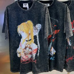 24ss Heavyweight Washed Black T-shirts Cartoon Print Round Neck Short Sleeve Tops Vintage Street Men Women Tshirt