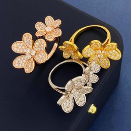 New Design Double Lucky Grass with Diamonds Open Ring Women's flower Full Diamonds Ring Wedding Ring Designer Jewellery R007