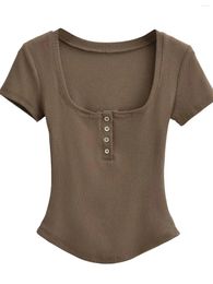 Damen-T-Shirts, leichtes, reifes, sexy, kurzärmeliges T-Shirt für den Sommer 2024 mit drei Knöpfen WOCL