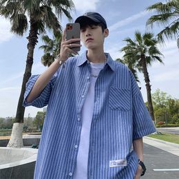 Striped short sleeved shirt for mens summer trend Instagram workwear half sleeved loose couple half sleeved shirt jacket