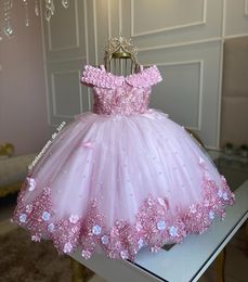 Pink Flower Princess Dresses Big Bow Pearls Handmade 3D Flowers Tiered Tulle Girls Pageant for Kids Prom Birthday Party Gowns Toddler Dress Custom s