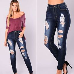 Womens Mid Rise Slim Fit Elastic Washed and Worn-out Denim Pants Hot