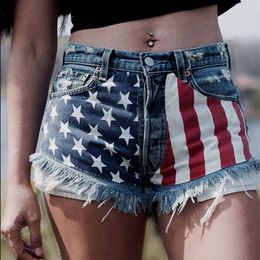 Pantaloncini da donna in denim con stampa stelle e nappe con bandiera americana