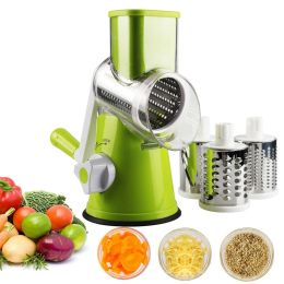 Tools LMETJMA Manual Rotary Vegetable Slicer Cutter Kitchen Vegetable Cheese Grater Chopper with 3 Sharp Stainless Steel Drums KC0082