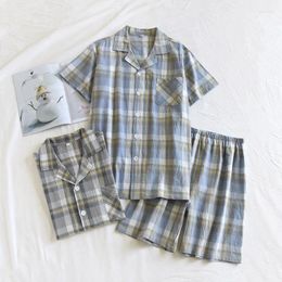 Men's Sleepwear Summer Cotton Short-sleeved Top Shorts Men Pyjamas Thin Plaid Pyjama Set Lapel Button Home Service Suit Elastic Waist Lounge