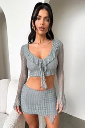 Work Dresses Women Sexy 2 Piece Outfit Lace Open Front Long Sleeve Blouse Shirt And Y2k Mini Skirt Set Party Streetwear