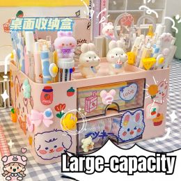 Bins Kawaii Desktop Storage Box Organizer Plastic Drawer Transparent Creative Ins Multifunction Student Pen Holder Organizer Box Cute