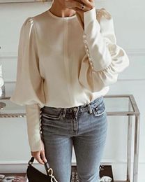 Women's Blouses Commuter Blouse Solid Round Neck Balloon Sleeves Shirt 2024 Spring/summer Latest Fashion Elegant Long Casual Top