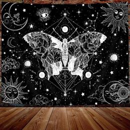 Tapestries Geometric Butterfly Tapestry Wall Hanging Trippy Witchy Goth Black And White Moth Sun Moon Mystic Dark