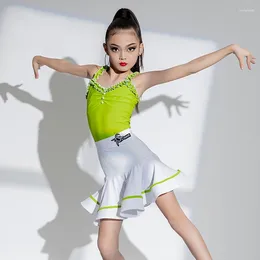 Stage Wear Latin Dance Performance Competition Costume Girls Green Top White Skirt Children Ballroom Clothes Practice SL8210