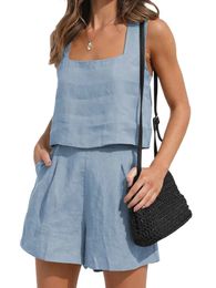 Womens 2-piece short vest solid color sleeveless spring/summer pockets casual day linen womens clothing 240315