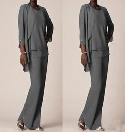 Grey Chiffon Formal Pant Suits For Mother Groom Dresses Evening Wear Long Mother of the Bride Dresses With Jackets Plus Size Custo4576411