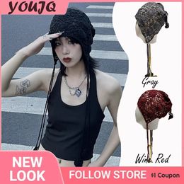 Y2K Style Autumn Womens Handmade Nationality Knitted Bucket Hats Female Girls Hollowout Design Tassel Crochet Panama Cap Gorra 240315