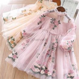 Girl's Dresses Embroidered flower elegant princess girls spring and autumn long sleeve parties wedding dresses for children 240315