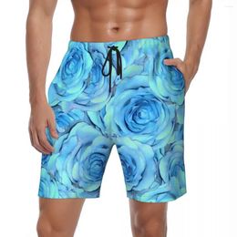 Men's Shorts Males Gym Blue Rose Print Fashion Swimming Trunks Flowers Design Quick Drying Sports Trendy Large Size Beach