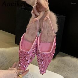 Dress Shoes Aneikeh Women's Silk Bling Fur Decorative Low Heel Single Shoe 2024 Summer Elegant Sexy Pointed Open Wedding Pumps