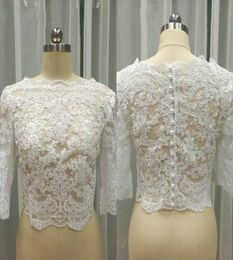 In Stock Lace Wedding Jackets For Women 34 Long Sleeve Lace Bolero Bateau Pearls Wedding Jacket Plus Size9553948