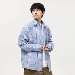 Men's Casual Shirts 2024 Spring Men Plaid Shirt Korean Style Fashion Stitching Lapel Pocket Design Cardigan Tops Male Retro Leisure Loose