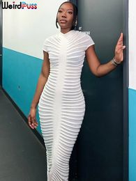 Weird Puss Knit Women Shorts Sleeve Dress Elegant Striped See Through Solid Skinny Elastic o-Neck Bodycon Vestidos Streetwear 240311