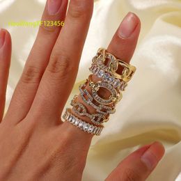 Chunky twist hypoallergenic stainless steel thick gold plated wedding engagement band gemstone moissanite crystal ring for women