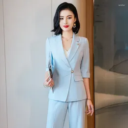 Women's Two Piece Pants White Suit Jacket Spring And Summer Fashion Beauty Salon Workwear Half Sleeve Business Temperament S