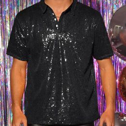 Men's Casual Shirts Men Sparkle Sequins Shirt Vintage Summer Streetwear Party 1/4 Button Short Sleeve Tops Shiny Vacation Tee Glitter
