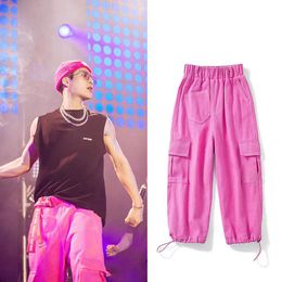 Men's Pants Jackson Wang concert with pink overalls men's and women's trend dopamine pants straight leg casual pants