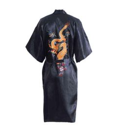 Black Chinese Men039s Satin Silk Robe Embroidery Dragon Kimono Bath Gown Unisex Loose Bathrobe Size M L XL XXL XXXL D0317 H11123178585386