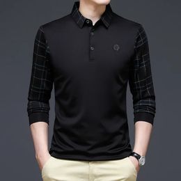 Fashion Solid Polo Shirt Men Korean Clothing Long Sleeve Casual Fit Slim Man Button Collar Tops 240311