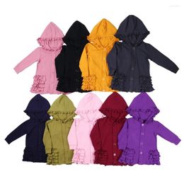 Jackets Spring Fashion Baby Kids Girls Ruffle Coat Petals Long Sleeve Jacket Hooded Solid Buttons Overcoat Autumn Clothes Set
