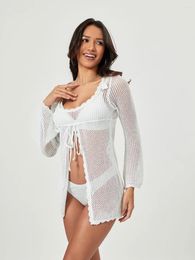 Women Long Sleeve Swimsuit Cover Up Solid V Neck Low Cut Split Crochet Bathing Suit Oversized Bikini