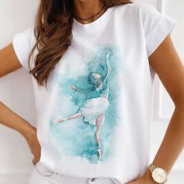 Ink ballet printed white T-shirt womens round neck short sleeve