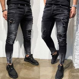 Mens Skinny Stretch Denim Pants Distressed Ripped Freyed Slim Fit Jeans Slim Male Pencil Trousers 240315