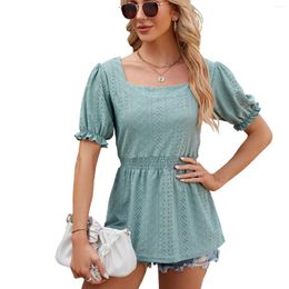 Women's T Shirts Women Short Sleeve Shirt Tops For Summer Solid Hollow Out Square Neck Empire Waist